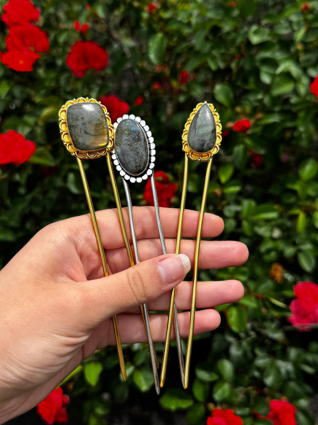 Labradorite Hair Pin – Gold Hair Fork