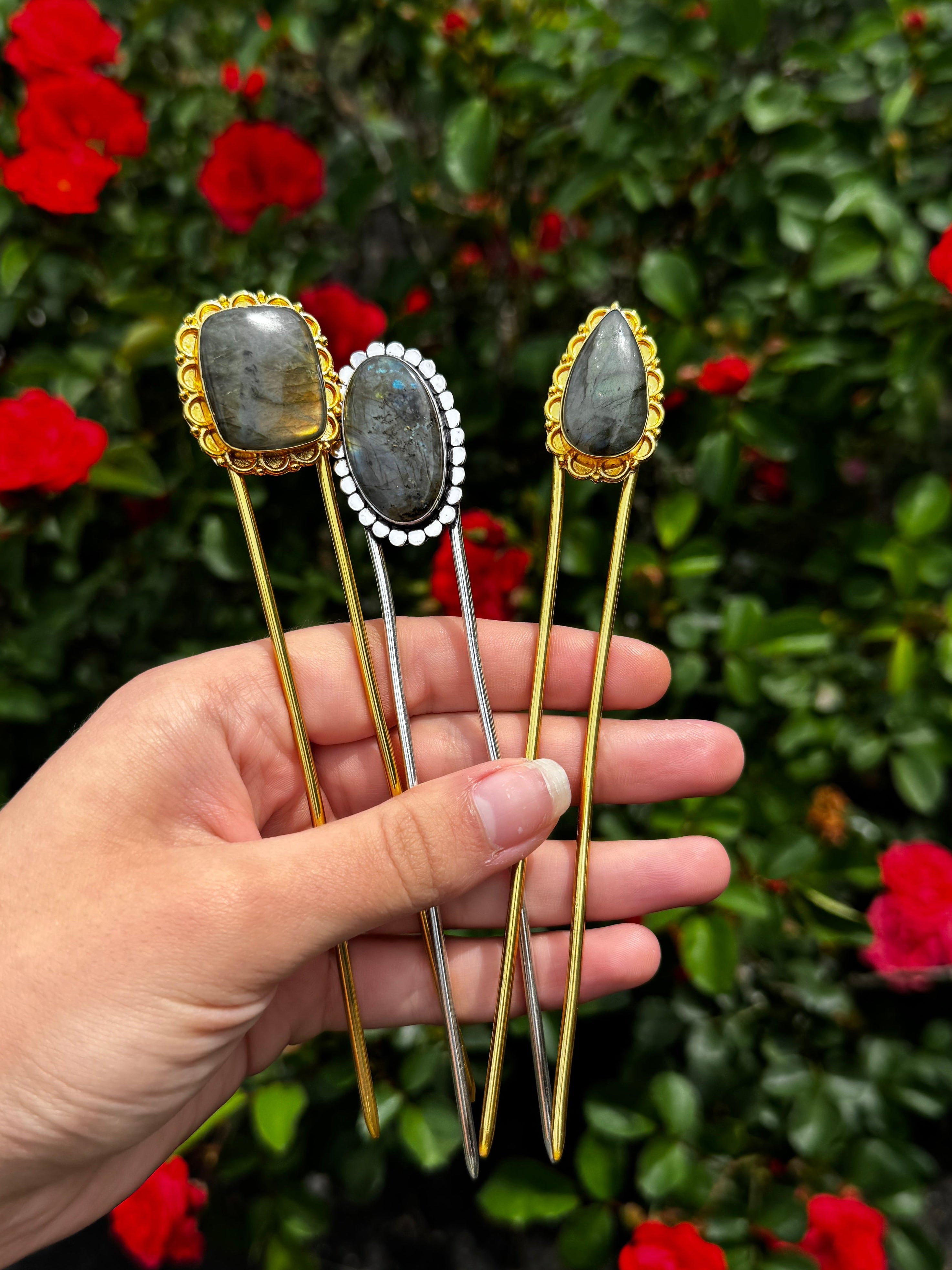 Labradorite Hair Pin – Gold Hair Fork