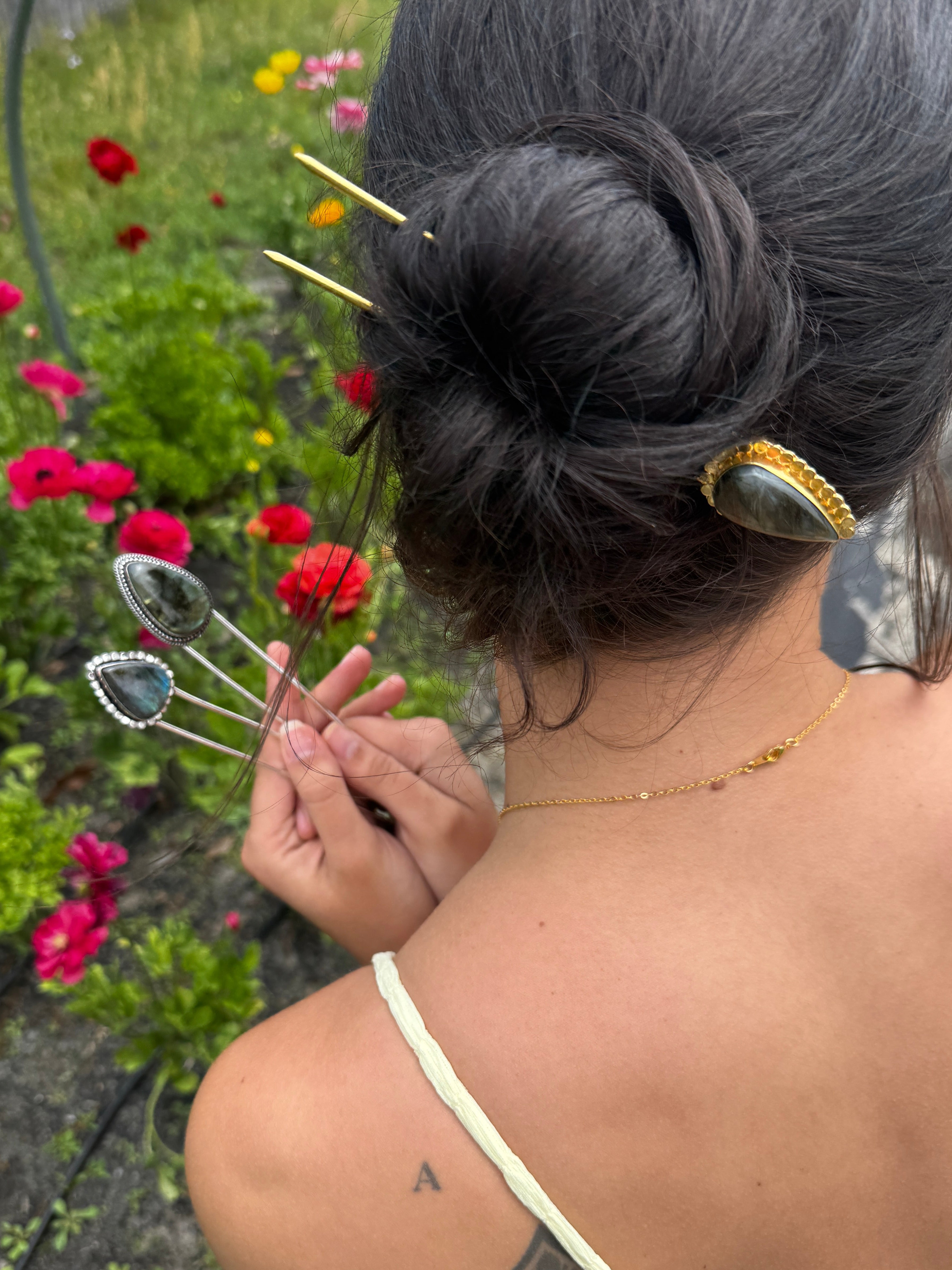 Labradorite Hair Pin – Gold Hair Fork