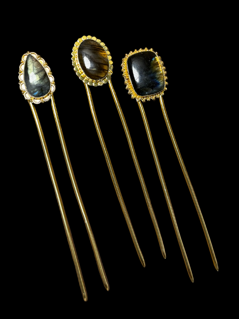 Labradorite Hair Pin – Gold Hair Fork