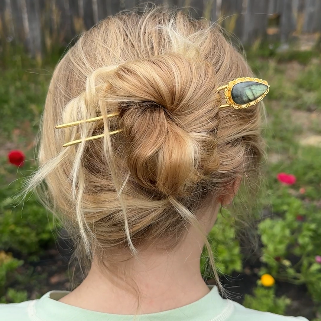 Labradorite Hair Pin – Gold Hair Fork